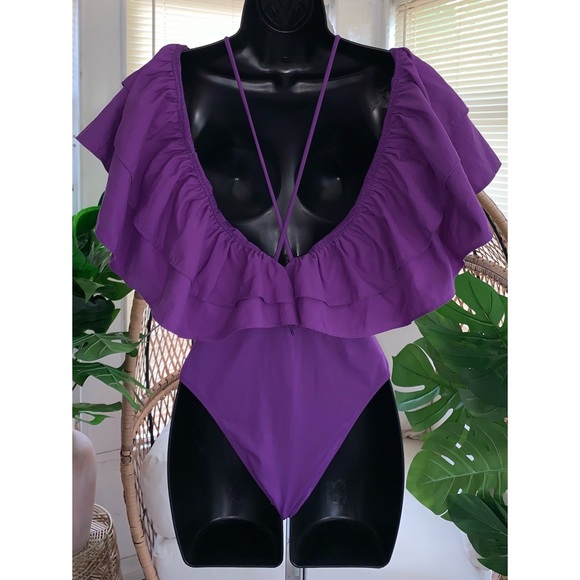 Zara Ruffled Deep V-neck One Piece Swimsuit Size Medium - Picture 9 of 13